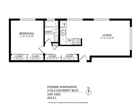 Floor plan for 1 bed, 1 bath, 575 sqft